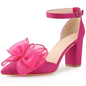 Women's Bow Knot Pointed Toe Block Heel Pumps Hot Pink